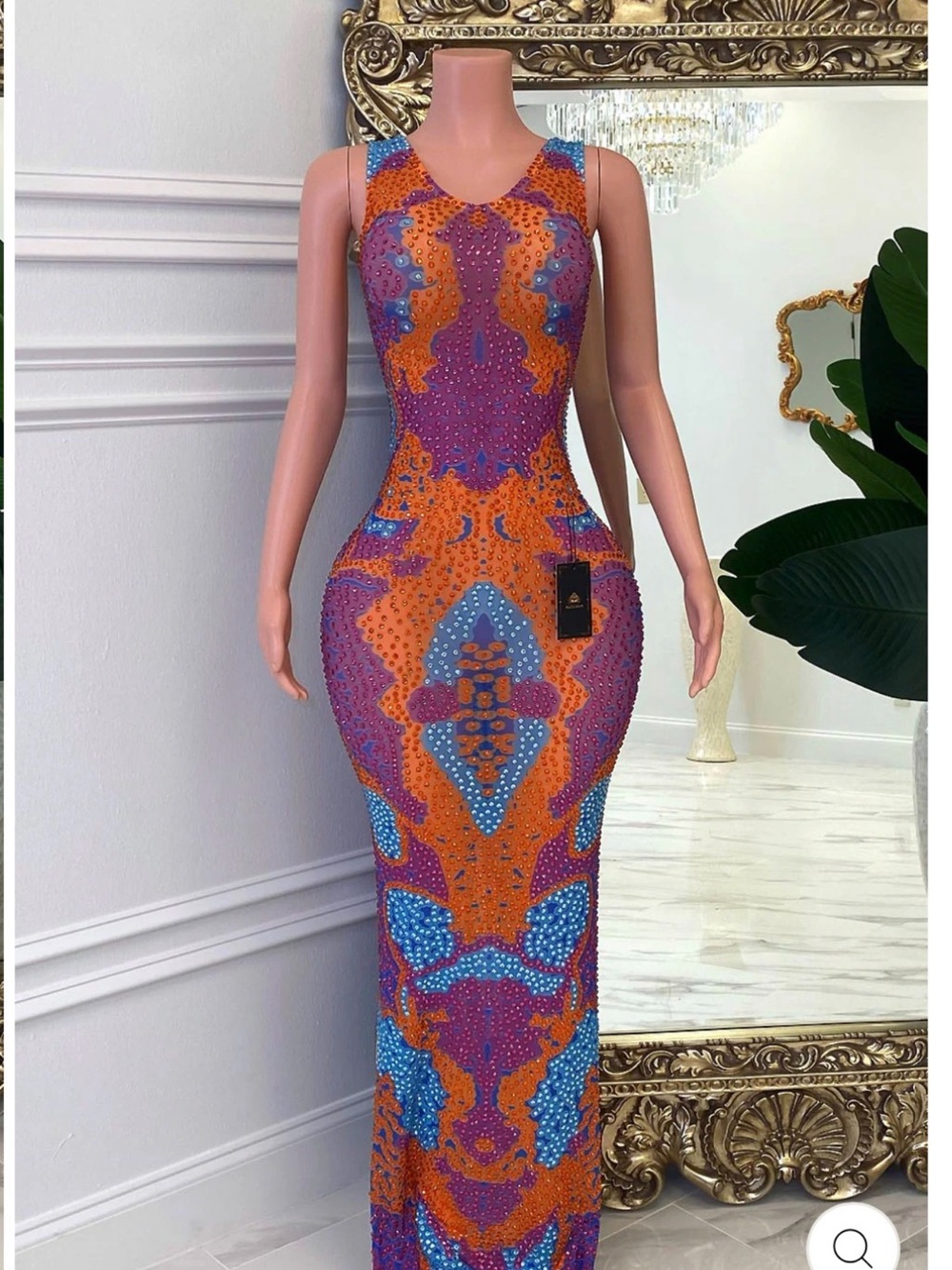 Sleeveless Orange & Purple Patterned Maxi Dress with Blue Accents